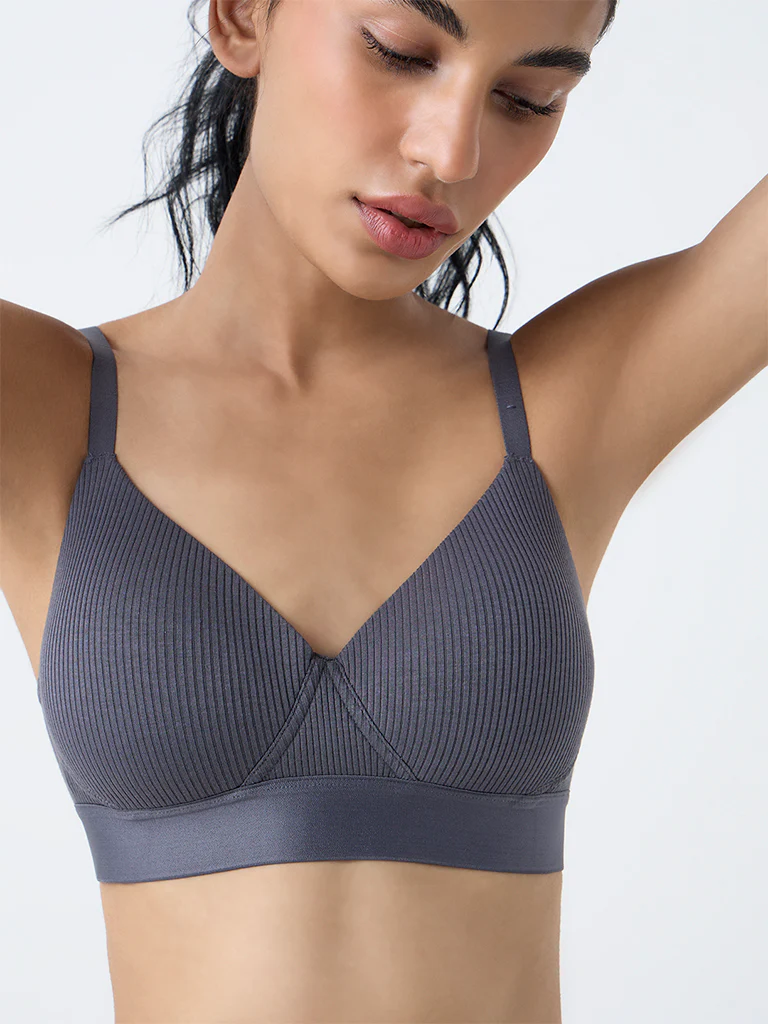 Superstar Charcoal Ribbed-Textured Padded Bra - Image 3