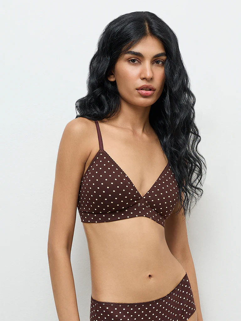 Superstar Dark Brown Polka-Dot Cotton-Blend Padded Bra