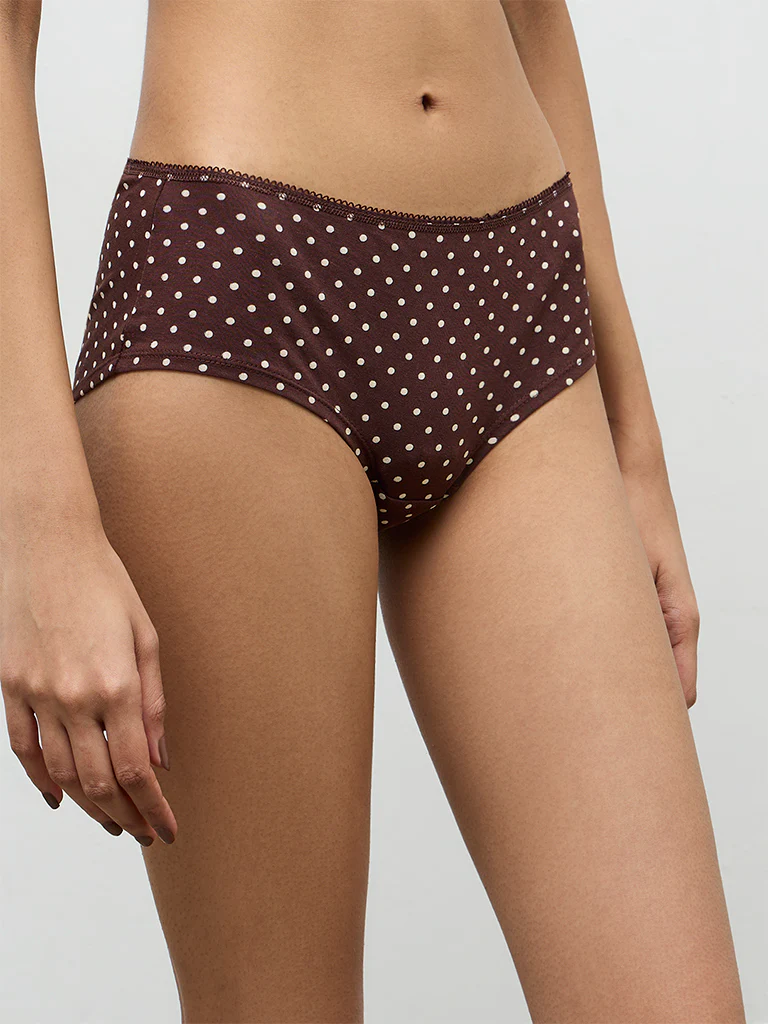 Superstar Dark Brown Polka-Dot Printed Low-Rise Cotton-Blend Briefs - Pack of 2 - Image 2