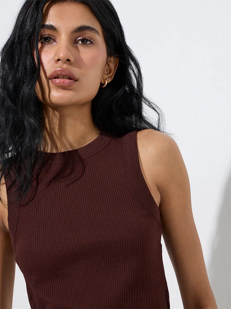 Superstar Dark Brown Ribbed Cotton-Blend Tank Top - Image 3