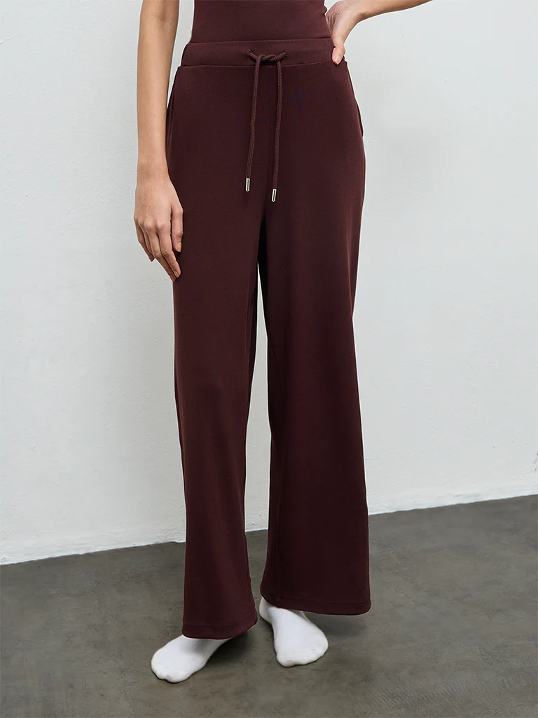 Superstar Dark Brown Ribbed-Textured High-Rise Cotton-Blend Pants - Image 2