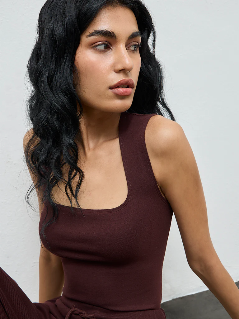 Superstar Dark Brown Solid Cotton-Blend Tank Top - Image 3