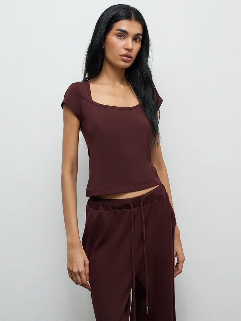 Superstar Dark Brown Solid Cotton-Blend Top