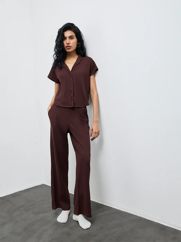Superstar Dark Brown Waffle-Textured High-Rise Pants