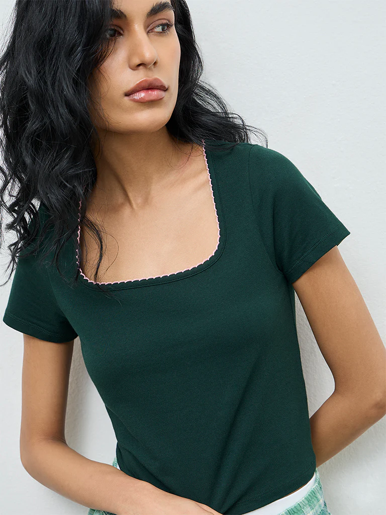 Superstar Dark Green Solid Cotton-Blend Top - Image 3