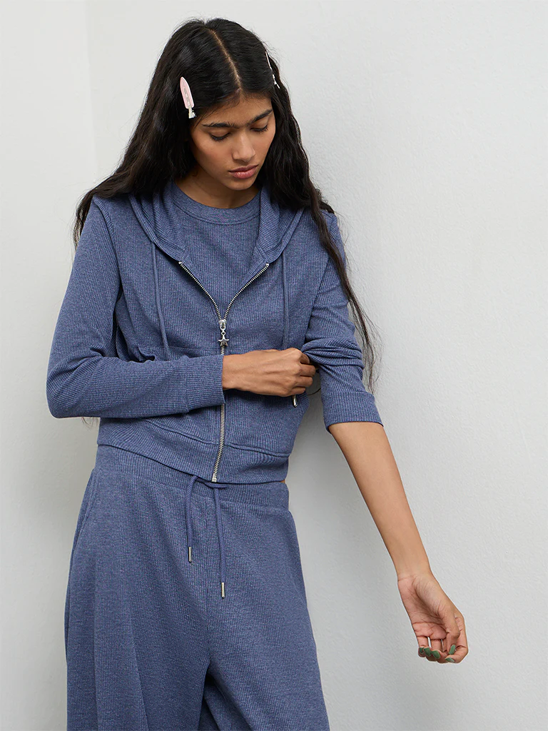 Superstar Dusty Blue Ribbed-Textured Hooded Cotton-Blend Jacket - Image 2