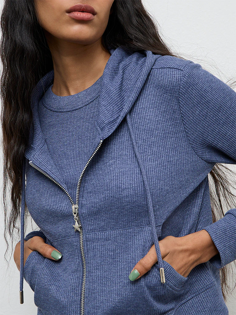 Superstar Dusty Blue Ribbed-Textured Hooded Cotton-Blend Jacket - Image 3
