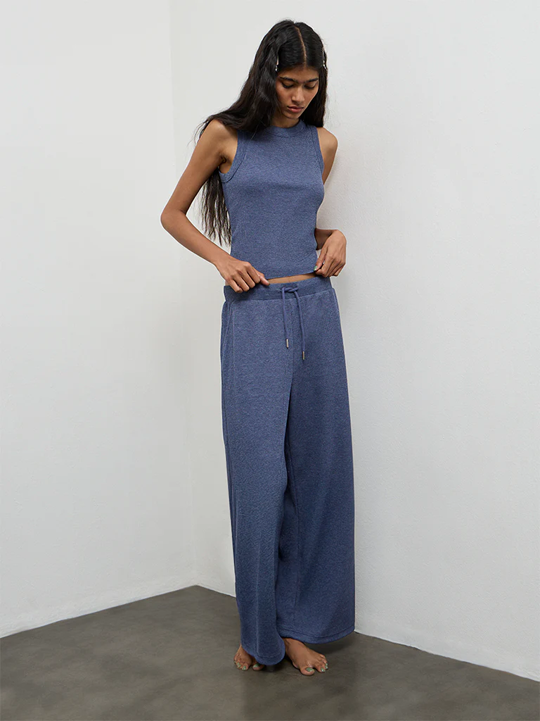 Superstar Dusty Blue Waffle Textured Cotton-Blend Top - Image 2