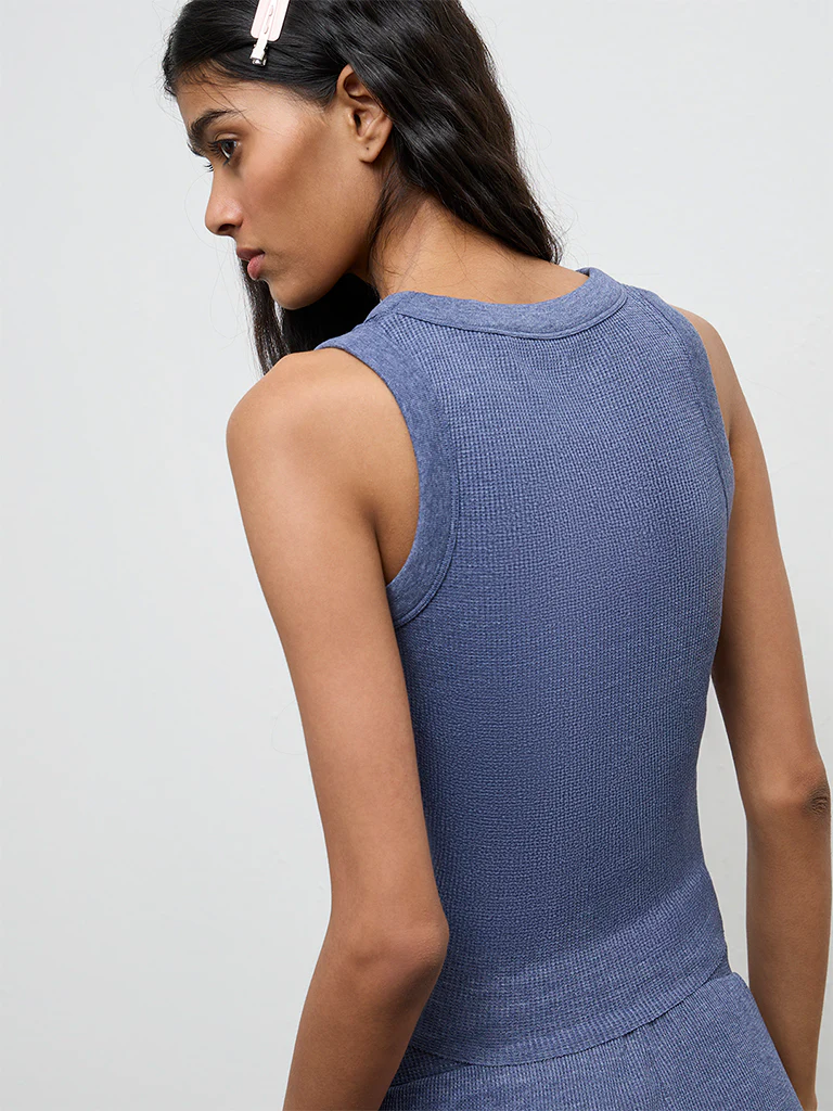 Superstar Dusty Blue Waffle Textured Cotton-Blend Top - Image 4
