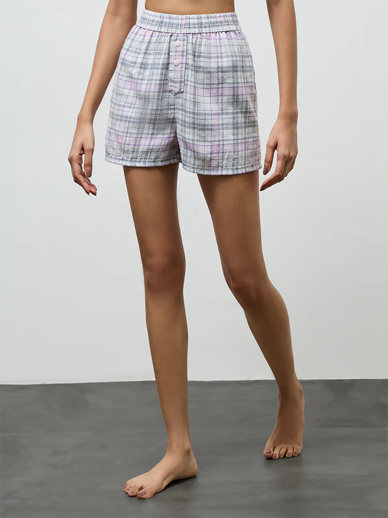 Superstar Grey Checkered High-Rise Cotton Shorts - Image 2