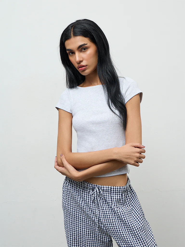 Superstar Grey Ribbed Cotton-Blend Top - Image 3