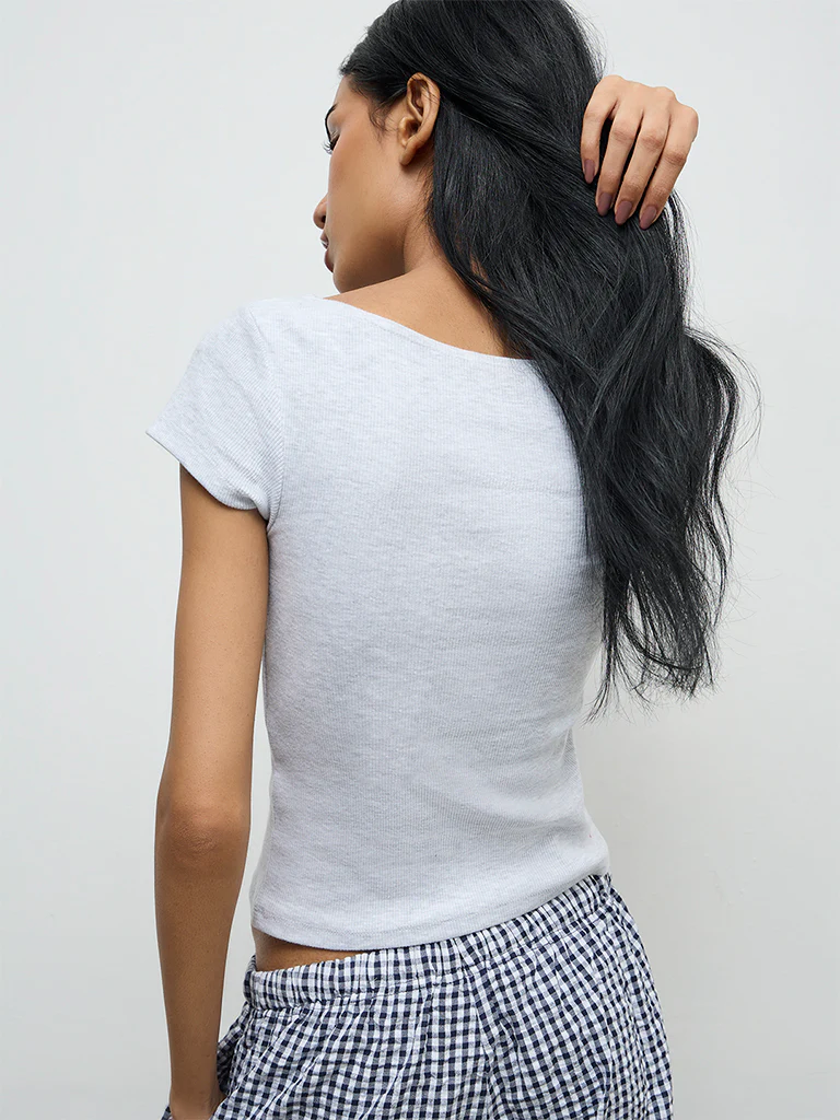 Superstar Grey Ribbed Cotton-Blend Top - Image 4