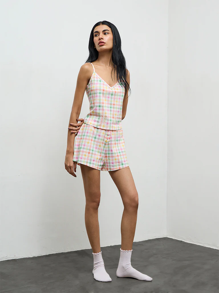 Superstar Multicolor Checkered High-Rise Cotton-Blend Shorts