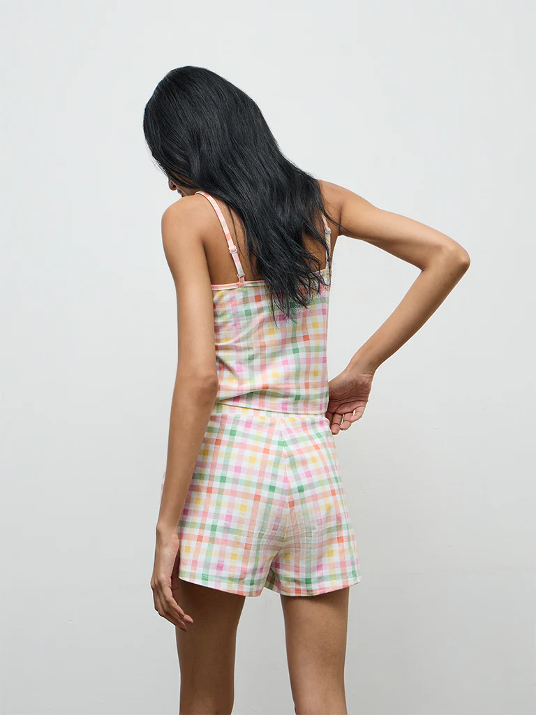 Superstar Multicolor Checkered High-Rise Cotton-Blend Shorts - Image 4