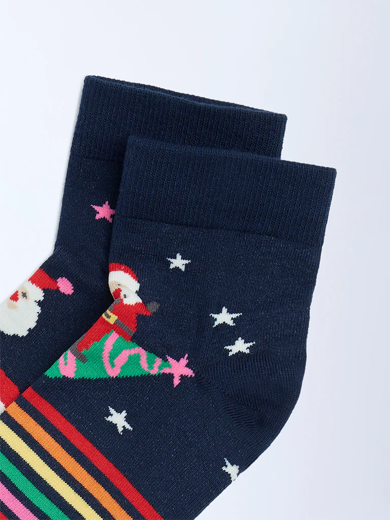 Superstar Navy Santa-Themed Cotton-Blend Socks - Pack of 2 - Image 3