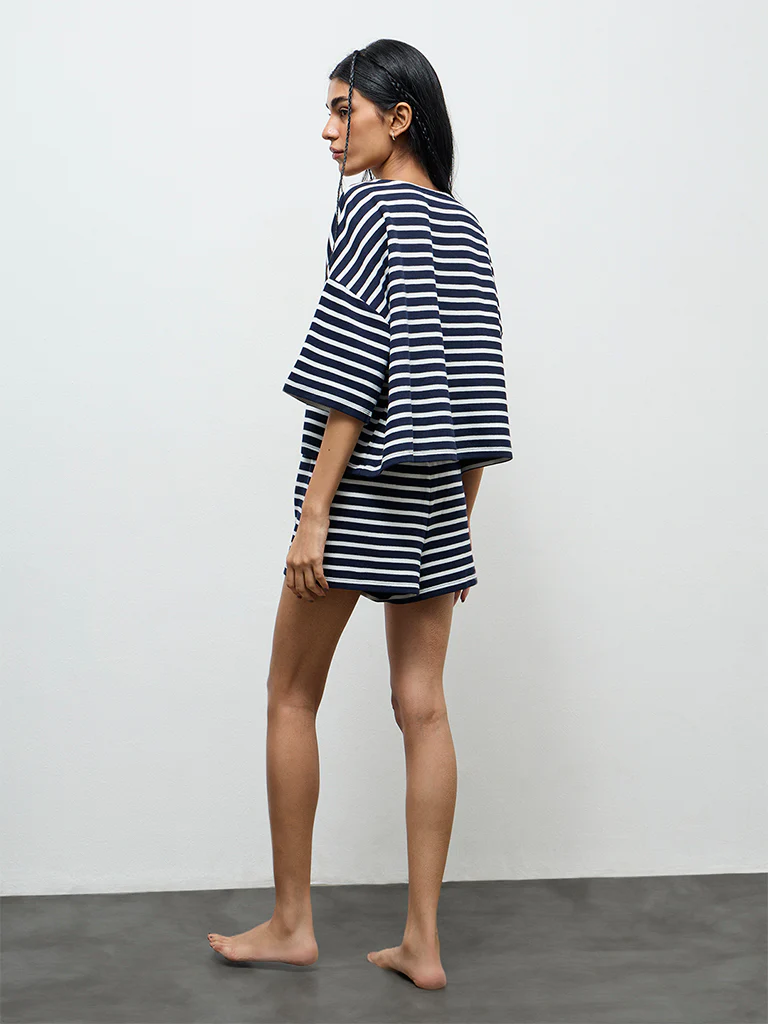 Superstar Navy Striped High-Rise Cotton Shorts - Image 4