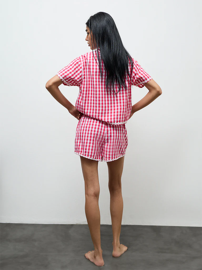 Superstar Pink Checkered High-Rise Cotton Shorts - Image 4