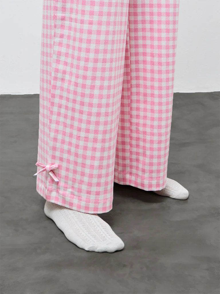 Superstar Pink Gingham Checkered High-Rise Cotton-Blend Pants - Image 3