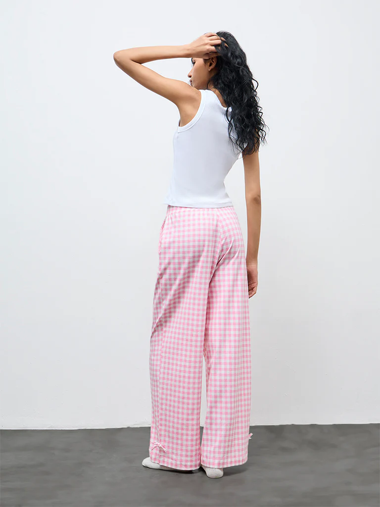 Superstar Pink Gingham Checkered High-Rise Cotton-Blend Pants - Image 4