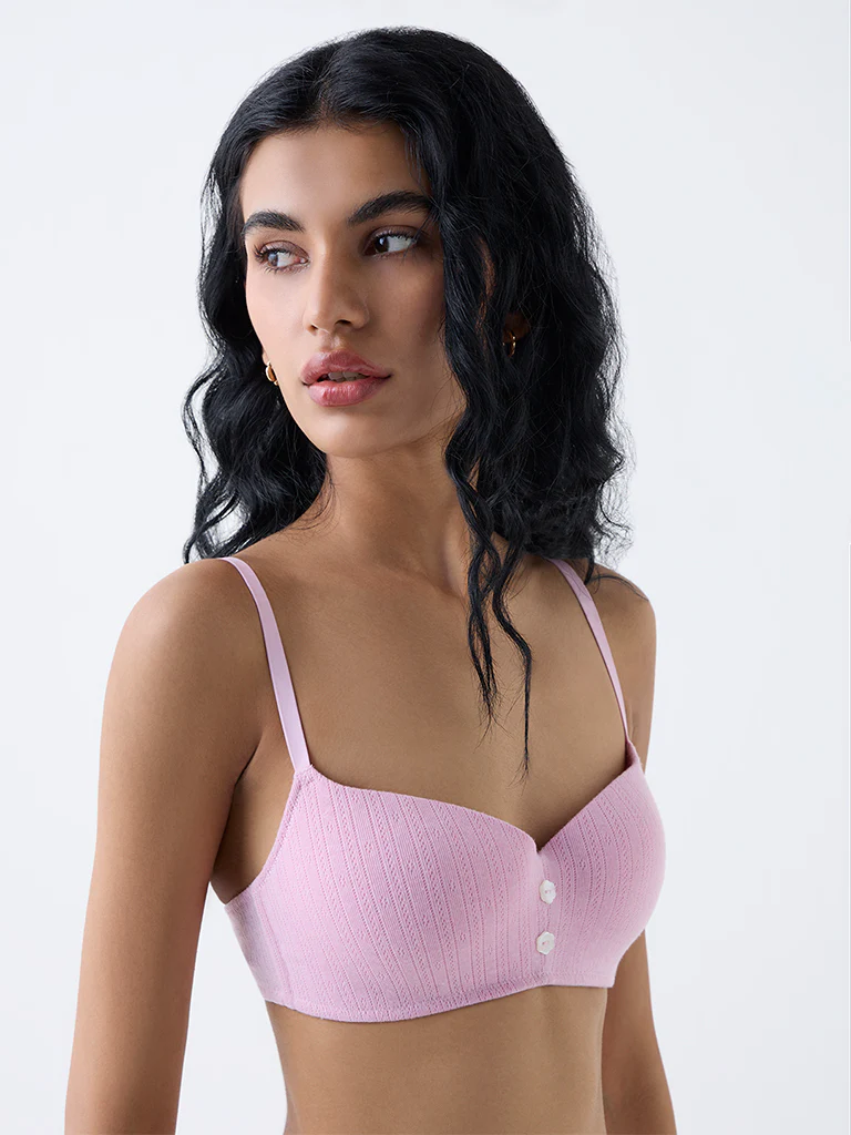 Superstar Pink Pointelle Knitted Padded Bra - Image 2