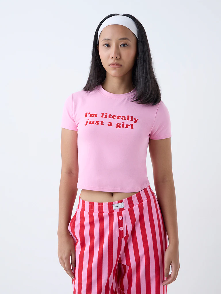 Superstar Pink Text Detailed Cotton-Blend T-Shirt