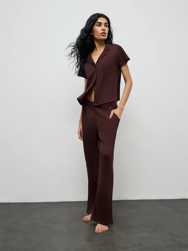 Superstar Purple Textured High-Rise Cotton Pants