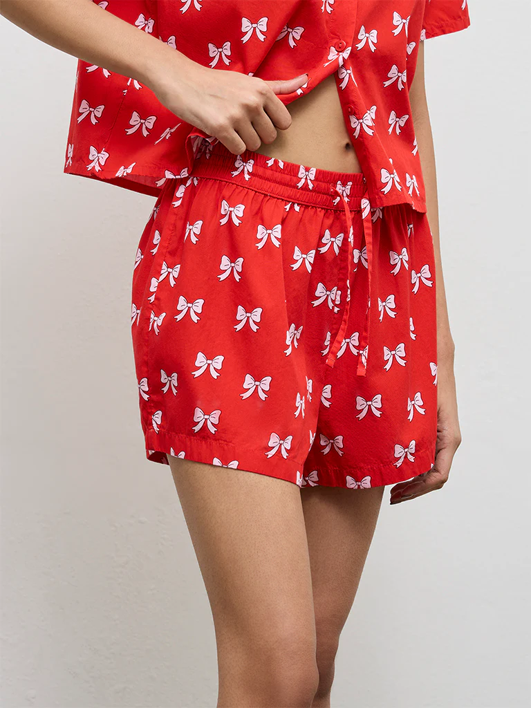 Superstar Red Bow-Printed High-Rise Cotton Shorts - Image 2