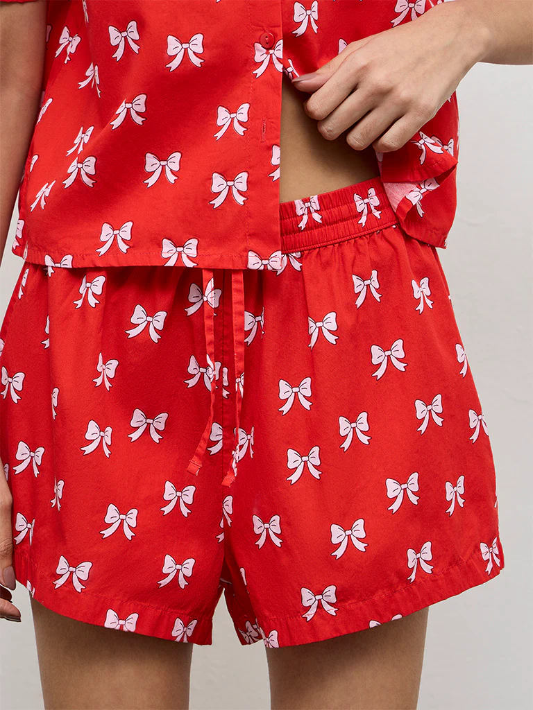 Superstar Red Bow-Printed High-Rise Cotton Shorts - Image 3