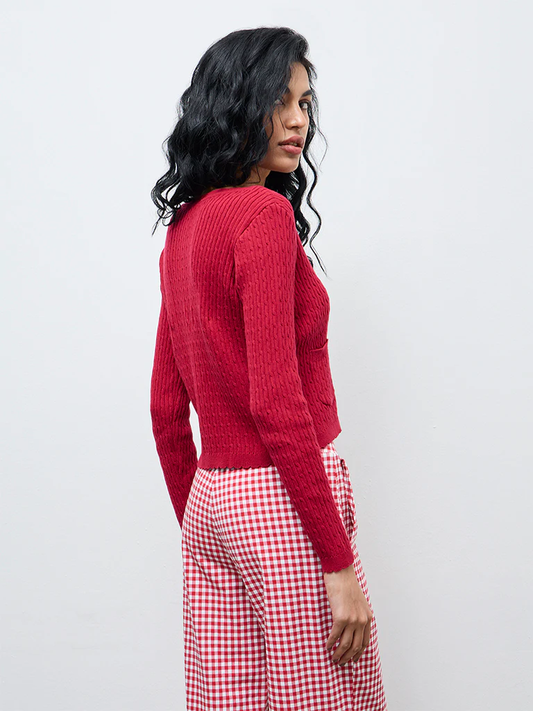 Superstar Red Cable-Knit Cotton Cardigan - Image 4