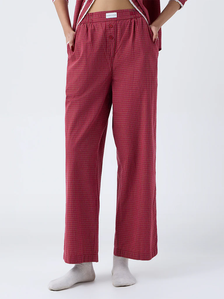 Superstar Red Checkered High-Rise Cotton Pants - Image 2
