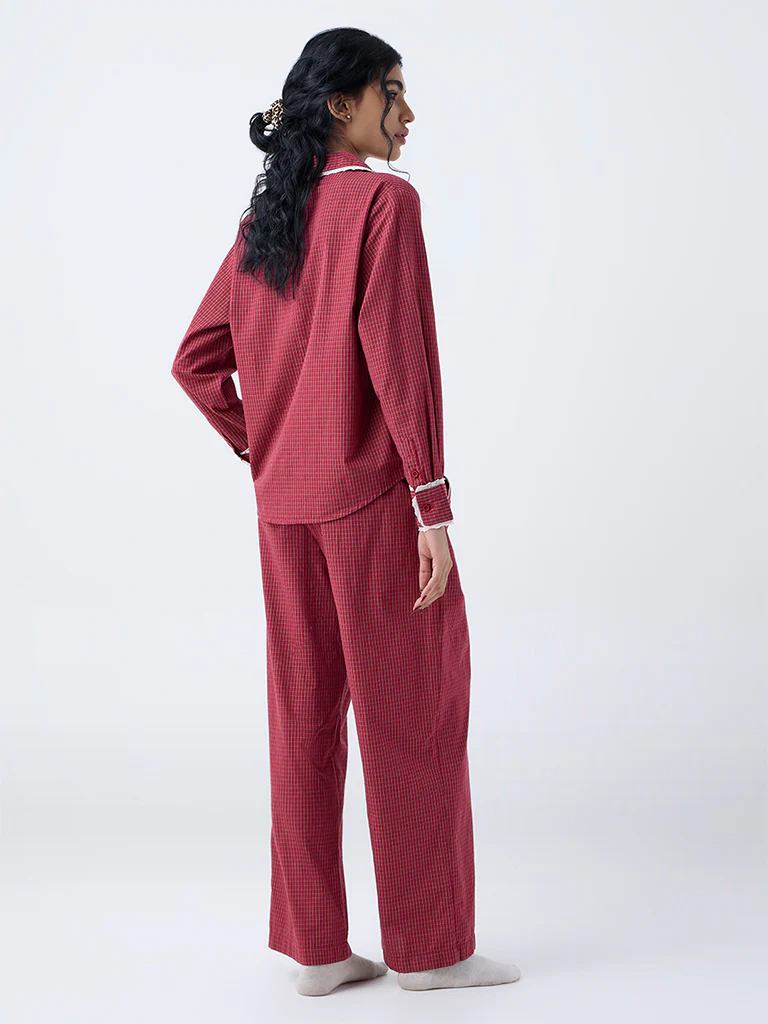 Superstar Red Checkered High-Rise Cotton Pants - Image 4