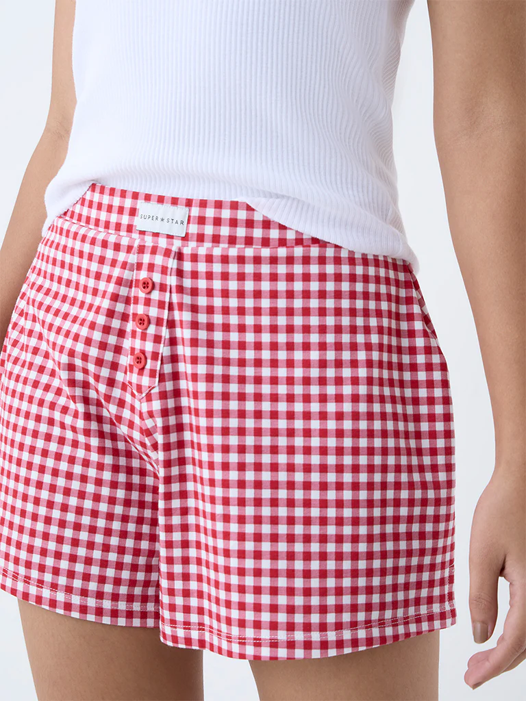 Superstar Red Gingham Checkered Cotton-Blend Shorts - Image 3