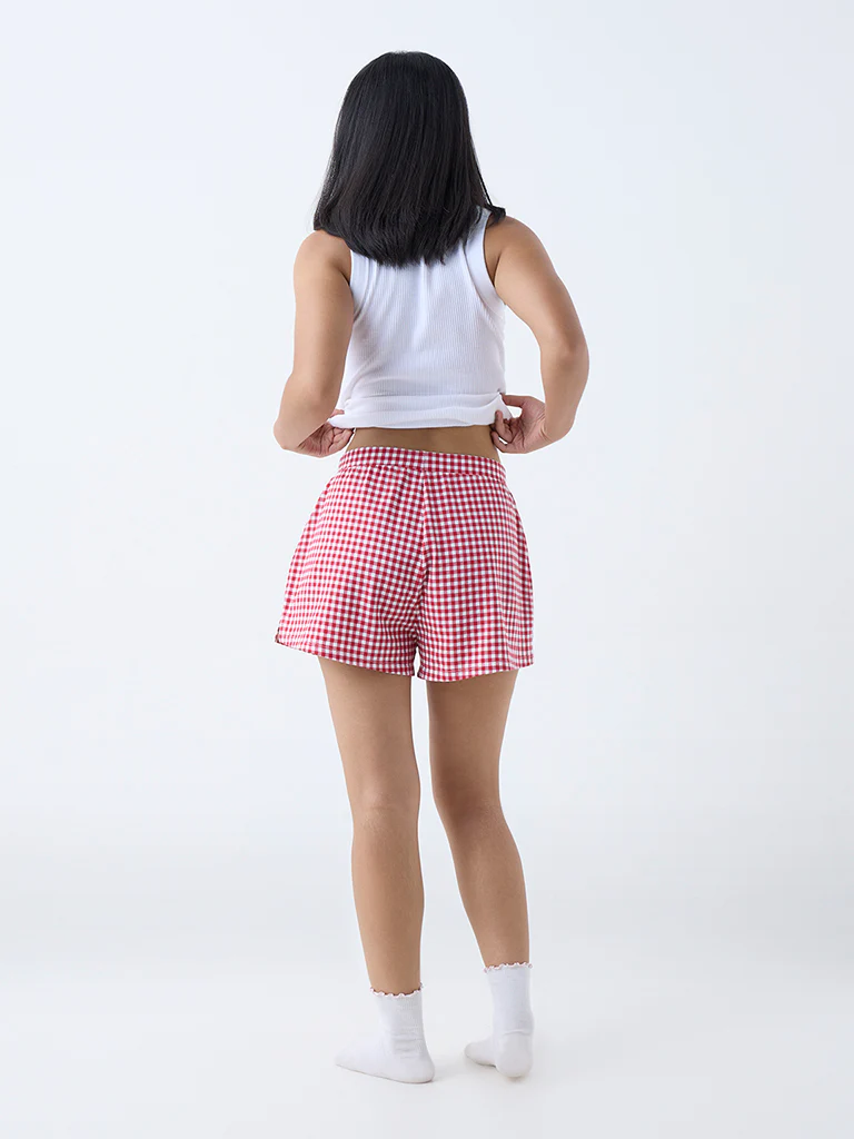 Superstar Red Gingham Checkered Cotton-Blend Shorts - Image 4