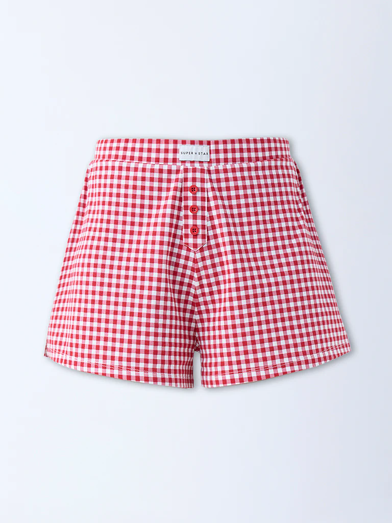Superstar Red Gingham Checkered Cotton-Blend Shorts - Image 5