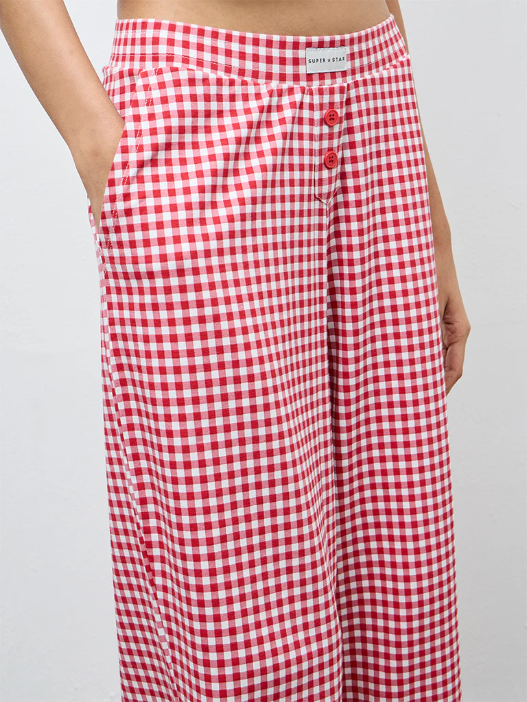 Superstar Red Gingham Checkered High-Rise Cotton-Blend Pants - Image 3