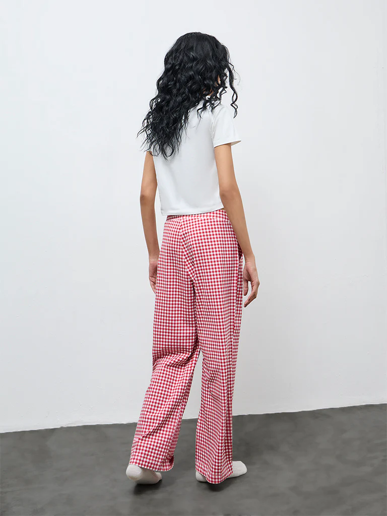 Superstar Red Gingham Checkered High-Rise Cotton-Blend Pants - Image 4
