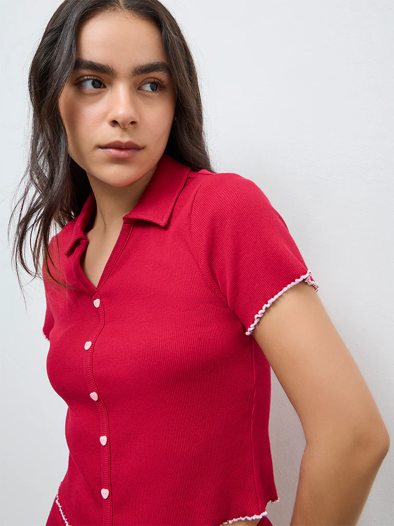 Superstar Red Ribbed Cotton-Blend Shirt - Image 3