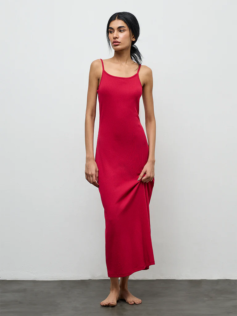 Superstar Red Ribbed Cotton-Blend Straight Lounge Dress