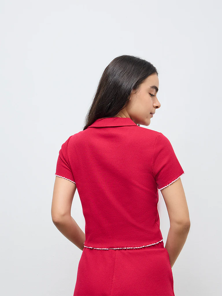 Superstar Red Ribbed Cotton-Blend Top - Image 4