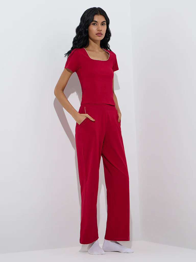Superstar Red Ribbed High-Rise Cotton-Blend Pants