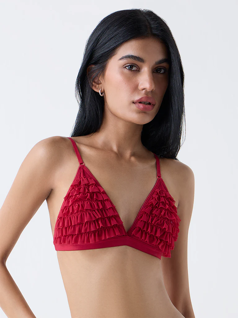 Superstar Red Ruffled Triangle Padded Bra - Image 2