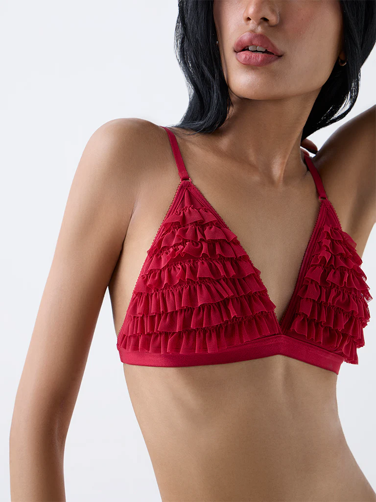Superstar Red Ruffled Triangle Padded Bra - Image 3