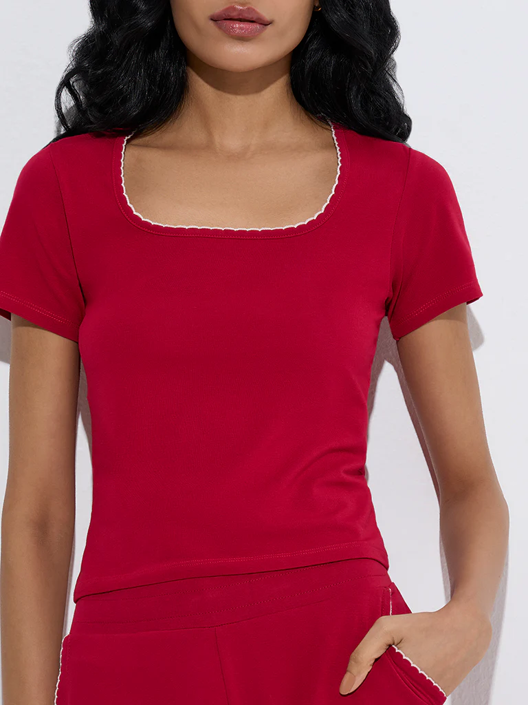 Superstar Red Solid Cotton-Blend Top - Image 3