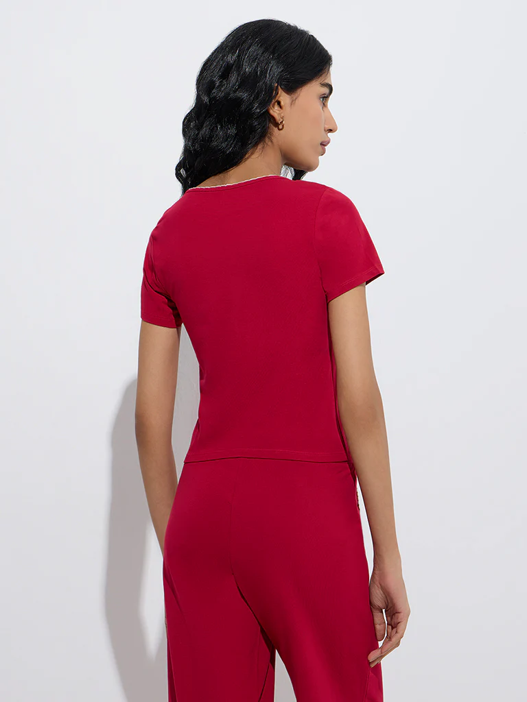 Superstar Red Solid Cotton-Blend Top - Image 4