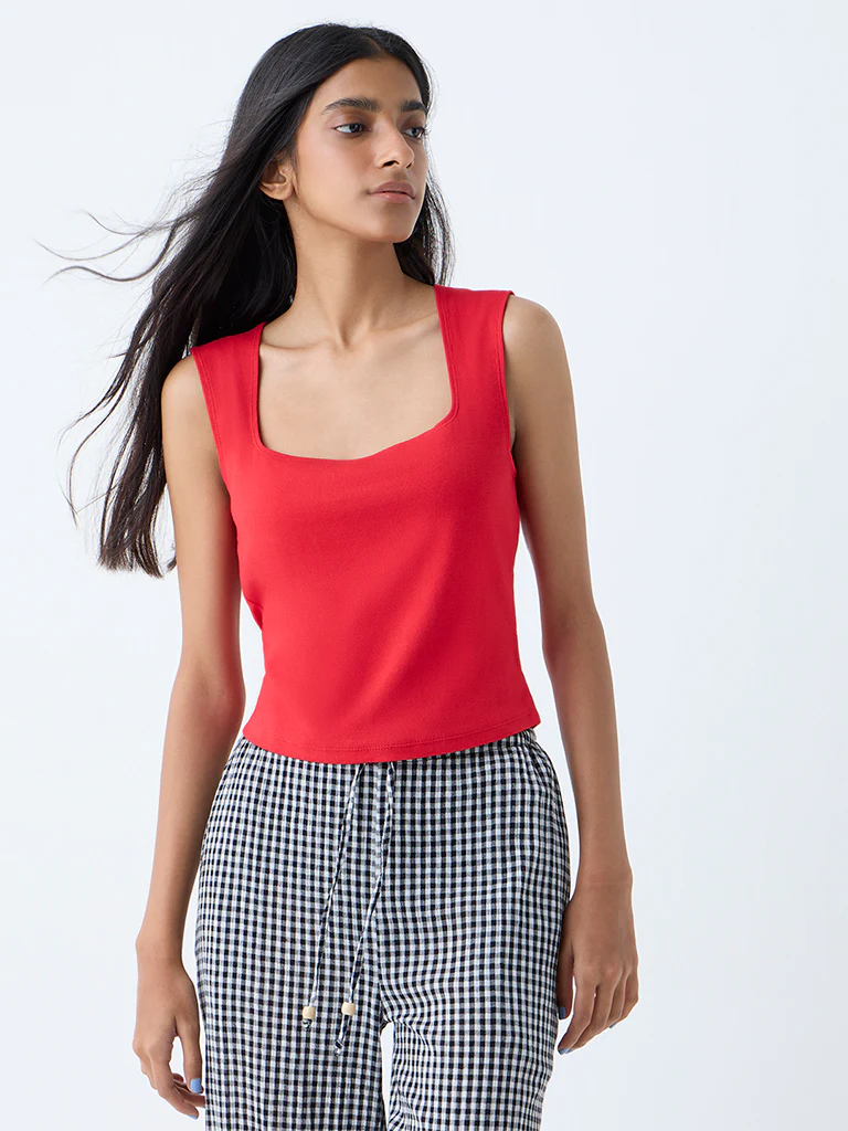 Superstar Red Solid Cotton-Blend Top - Image 2