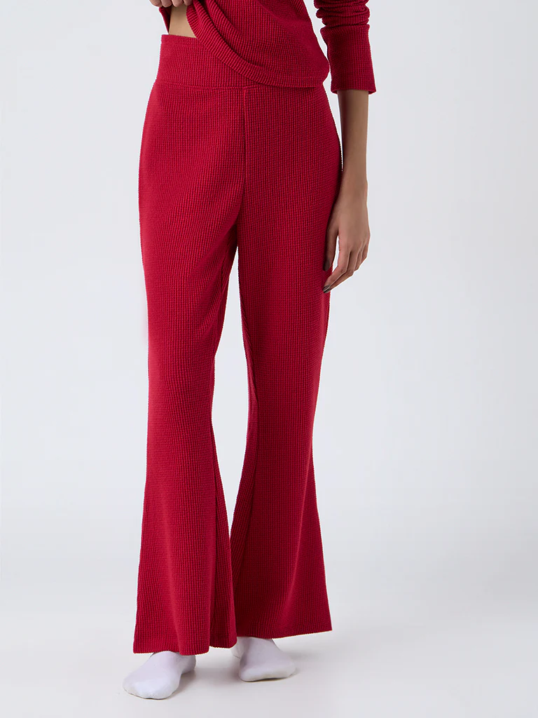 Superstar Red Waffle-Textured Flared Pants - Image 2
