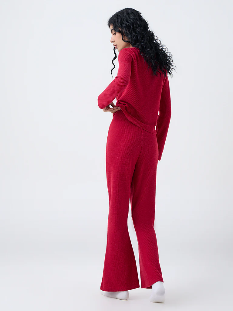 Superstar Red Waffle-Textured Flared Pants - Image 3