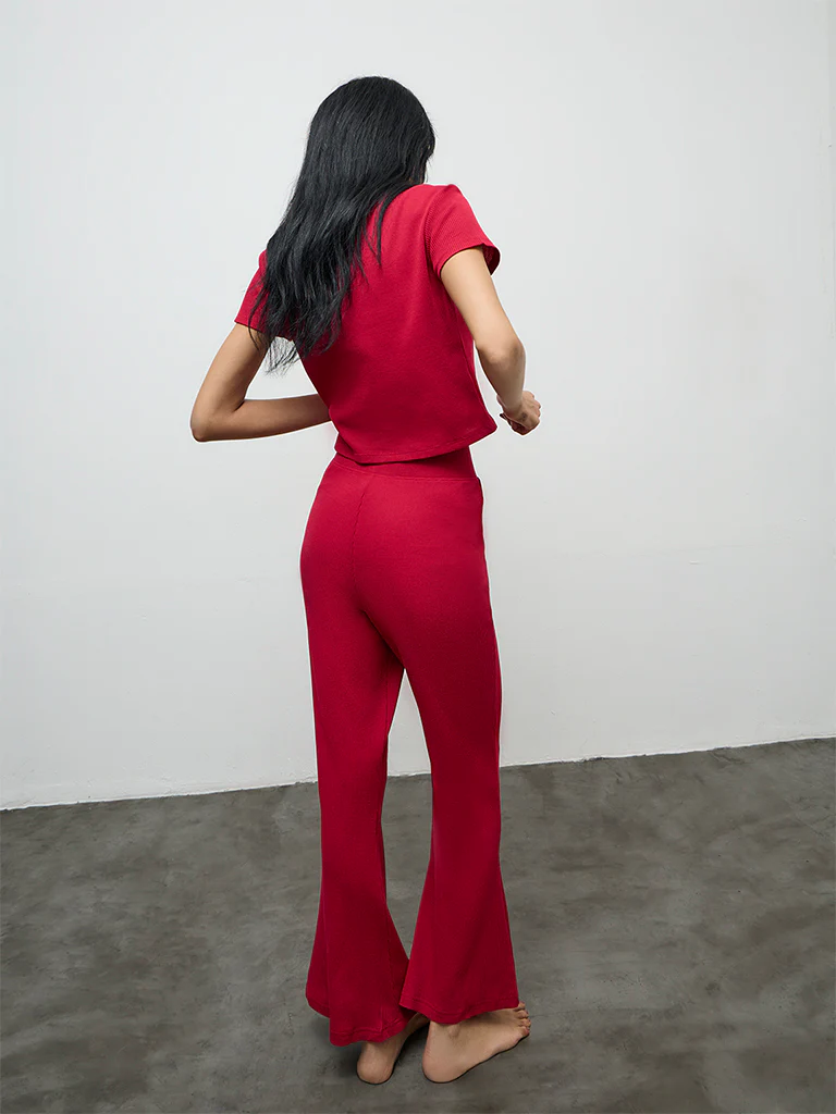Superstar Red Waffle-Textured High-Rise Pants - Image 4