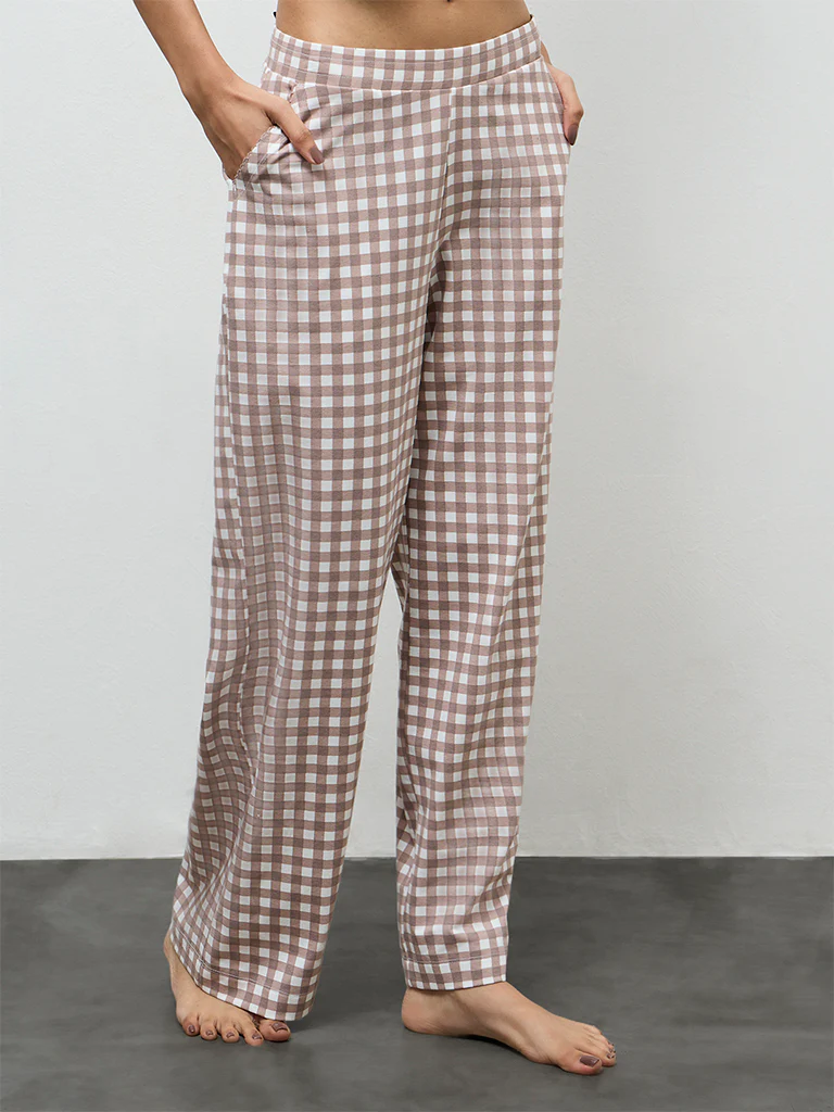 Superstar Taupe Checkered High-Rise Cotton-Blend Pants - Image 2