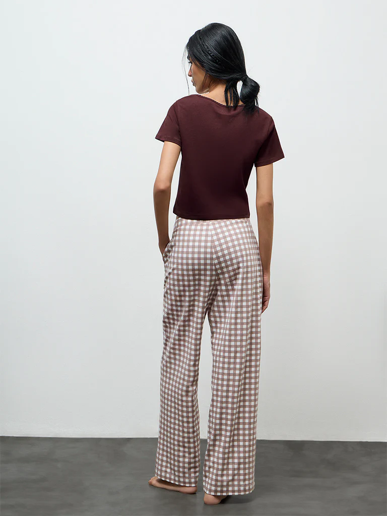 Superstar Taupe Checkered High-Rise Cotton-Blend Pants - Image 4